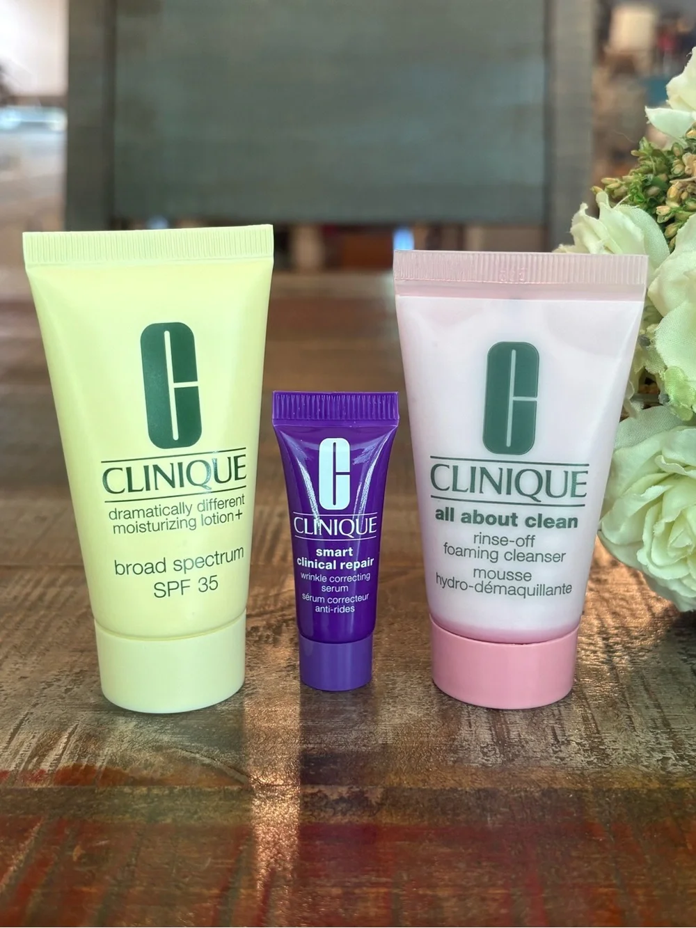 NEW Clinique x RIFLE PAPER CO Cosmetic BAG with THREE (3) Travel **MUST HAVES**